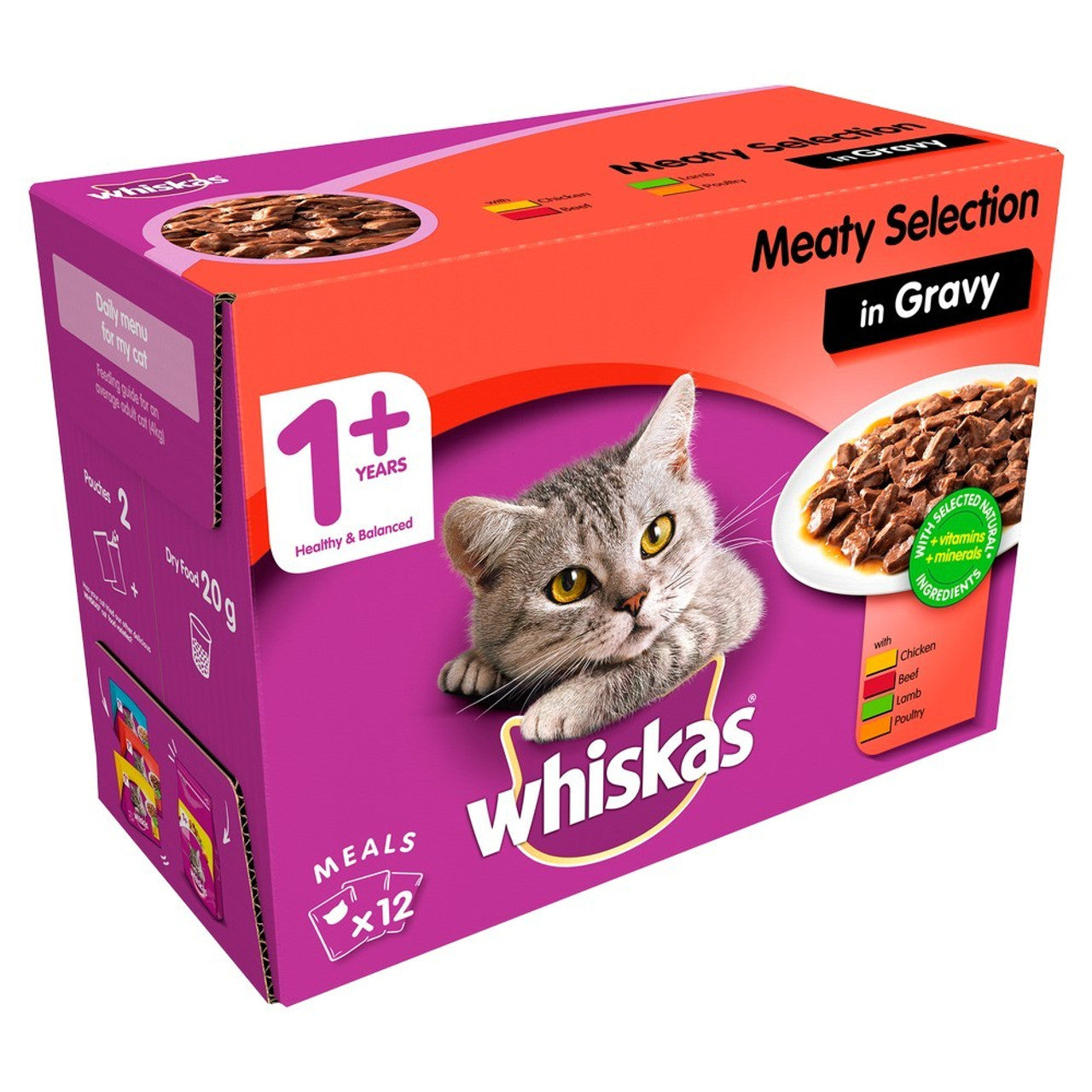 Whiskas 1+ Meat Chunks In Gravy 12Pk 85G