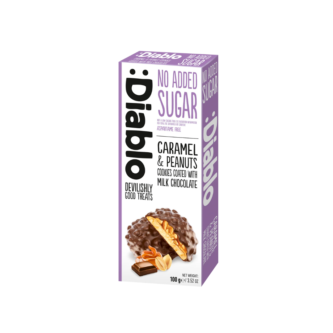 :Diablo Caramel & Peanut Cookies Coated with Milk Chocolate 100g